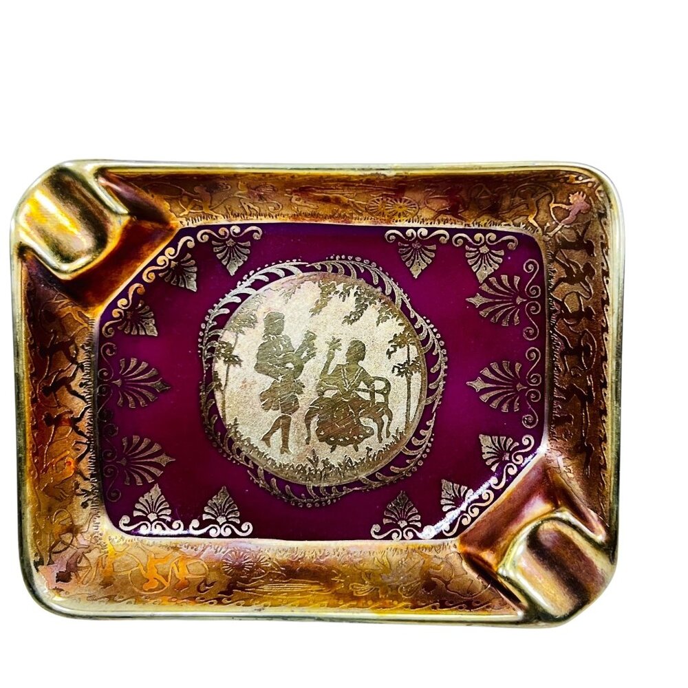 Vintage Decorative Ashtray Tirschenreuth Germany Romantic Silhouette Red Gold